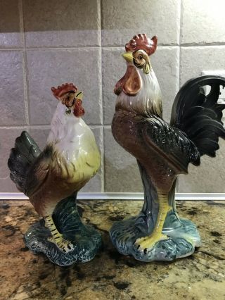 Vintage Porcelain Animal Figurines Chickens 11”rooster & 9”hen