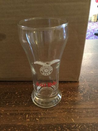 Adel Brau Beer Sham Glass 5 5/8” 8 Oz.  In Red And White Enamel