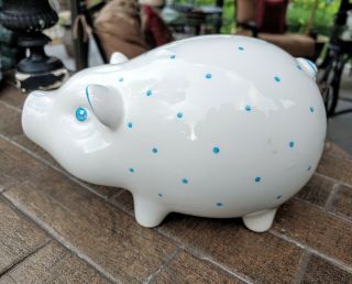 Tiffany & Co Earthenware Piggy Bank,  Made In Italy,  Handpainted Polka Dot Blue