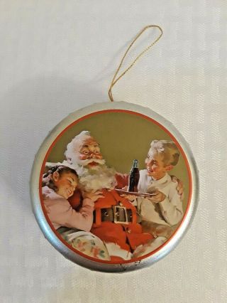 Rare Vintage Coca - Cola Christmas Tin Ornament With Old World Santa And Children