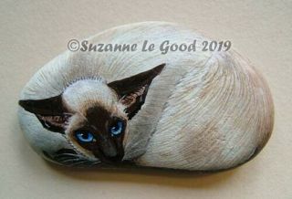 Siamese Cat Art Painting On Stone Pebble Rock Sealpoint Suzanne Le Good