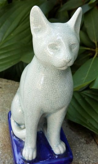 Celadon Egyptian Cat Statue Figurine Porcelain/ceramic Cobalt Blue Base Gold