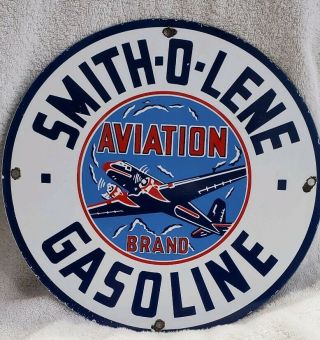 Sign Vintage Porcelain Smith - O - Lene Gasoline – Aviation Brand - Round Sign