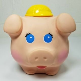 Vintage 1980 Fisher Price Pink Piggy Bank Quaker Oats Yellow Hard Plastic Hat