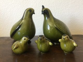 Ceramic California Quail,  Mom Dad And Three Babies Vintage Green Figurine Family