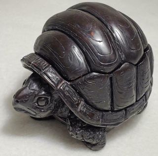 Unique Wood Or Pottery Hand Carved Tortoise W/ Removeble Shell & Cricket Center