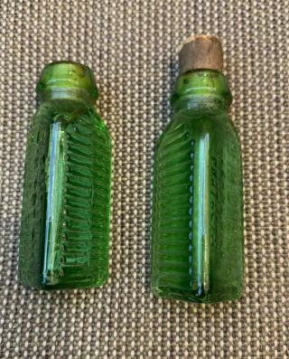 Antique 3 In One Oil Sample Green Glass Small Triangle Corked Bottle Embossed