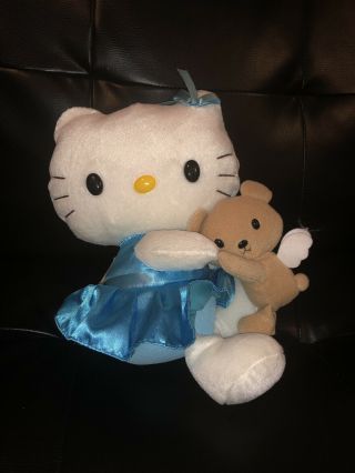 Vintage Sanrio Hello Kitty 11 " Plush Angel With Wings Blue Dress And Teddy Bear