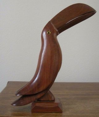 Wood Toucan Carved Bird 10 " Statue Yellow Glass Eye Faceted 2.  5 " Base Split Beak