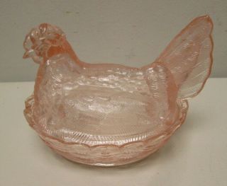 Heisey Glass Pink Hen On Nest Covered Dish Chicken Depression