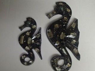 2 Vtg Abalone Shell Glitter Black Resin Lucite Sea Horse Blue Glass Eye Wall Art