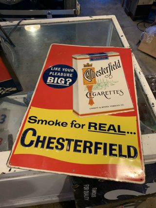 Vtg Old Nos Chesterfield Smoking Cigarettes Painted Metal Advertising Sign Usa