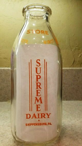 Vintage Supreme Dairy Farm Glass Quart Milk Bottle Shippensburg Pa