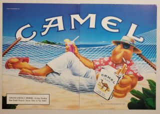 1990 Print Ad Camel Lights Cigarettes Joe Camel Relaxes In Hammock At Beach