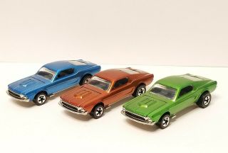 3 Hot Wheels Vintage Series Redlines Custom Mustangs Orange,  Green And Blue