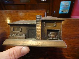 Vintage Banthrico Coppertone Cast Metal Coin Bank,  House With Car,  Midway Natl