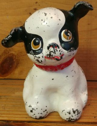 Antique Hubley Fido Puppy Dog Still Bank Black White Doorstop Cast Iron