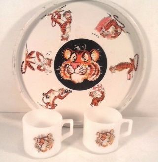 Vintage Esson Exxon Tiger In Your Tank Fire King Coffee Mugs Serving Tray (dn1)