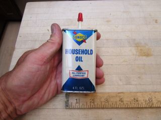 Vtg Sunoco Household Oil 4 Oz Can Handy Oiler Tin W/ Gas Pump Rear Graphic