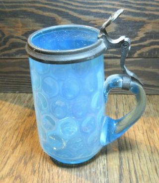 Antique Ladies Glass Stein Blue Opaline Dimple Glass Pewter Lid Late 1800 