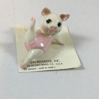 Retired Hagen - Renaker 3248 Mini Aerobic Pig On Back Pink Ceramic Figurine Card