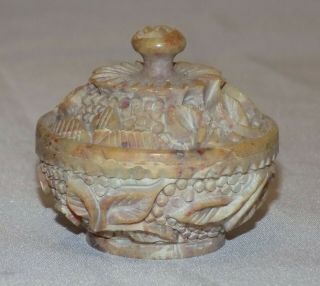 Antique Hard Stone Lidded Grape & Vine Carved Apothecary / Herbal Ointment Pot