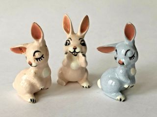 3 Vintage Hagen Renaker Pink Blue Shy & Whispering Blue Bunny Rabbit Figurines