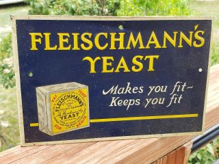 Old Fleischmann’s Yeast Tin Sign Makes You Fit Keeps You Fit 8 3/4 " X 5 3/4 "