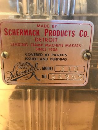 Antique Schermack Prod Detroit 1 & 8 Cent Dual See through Stamp Vending Machine 5