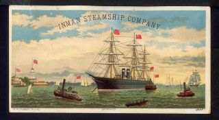 Inman Steamship In York Harbor Trade Card Tug Boats Castle Garden