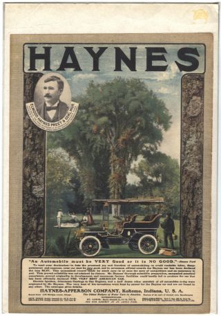 Rare Antique Vtg Elwood Haynes Automobile Color Advertising Art Print