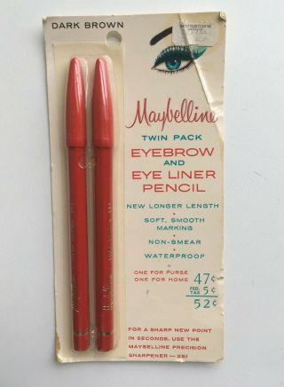 Vintage Maybelline Eyebrow Eye Liner Pencil Pair Makeup Nos On Card Mid Century