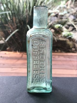 Antique Miniature Sample Bottle Embossed Brookes Coffee Ess Aqua Green Shear Lip