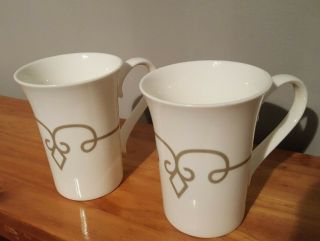 Set Of Two Starbucks White/ Taupe Dezine Coffee Mugs 12 Oz