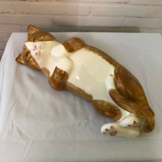 N.  S.  Gustin Pottery Sleeping Cat Large Orange And White Made In Usa Hand Painted