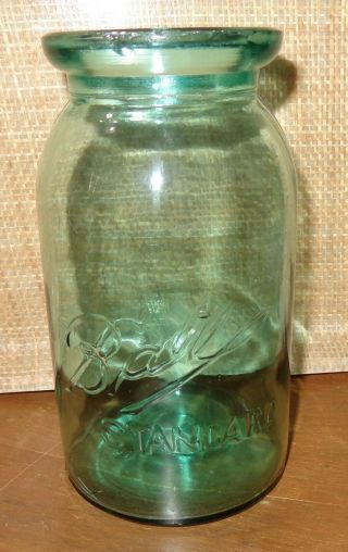 Vintage Antique Greenish Blue Glass Ball Standard Wax Seal Quart Jar Wavy M Or W