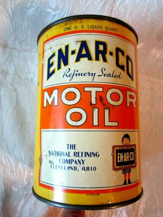 Vintage " En - Ar - Co " Motor Oil 1 Quart Oil Can Empty Tin Refinery