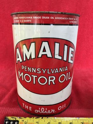 Vintage Amalie Advertising 5 Quart Metal Motor Oil Can No Lid Pennsylvania Oiler