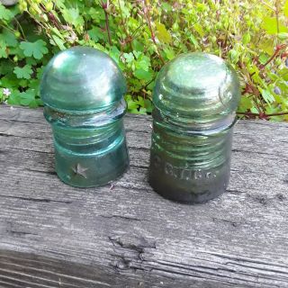 2 Antique Glass Insulators - Aqua Star And Green California Threaded