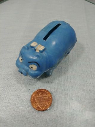 Vtg Blue Plastic Mini Novelty Piggy Bank Hong Kong Hairbow Pig 2.  75 Painted