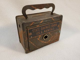 Vintage Antique Metal Coin Bank State Savings Bank Iola Kansas Rare Htf