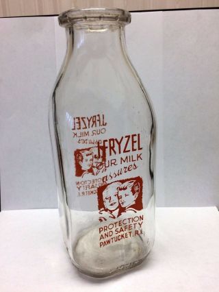 Vintage Square Quart Milk Bottle - J.  Fryzel Dairy,  Pawtucket,  Rhode Island