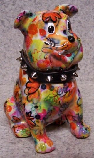 Coin Piggy Bank Ceramic Savings Animal Bull Dog Multicolor Pastel Base