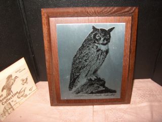 Great Horned Owl " Etching " By Charles Beckendorf Mounted On Wood.  6 3/4 X 5 3/4