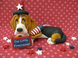 Handsculpted Tri Basset Hound " Our Little Firecracker " Patriotic Figurine