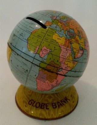 Vintage Tin Toy Coin Bank J Chein Globe Bank World Litho 4 "