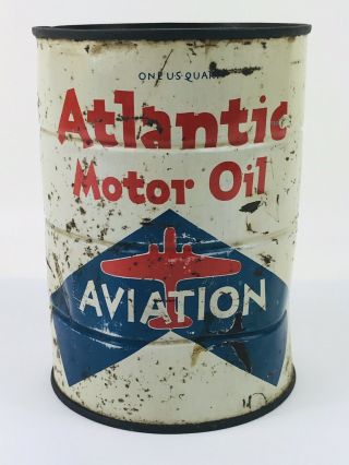 Atlantic Aviation Motor Oil 1 Quart Oil Can Full Plane Gas & Oil Advertising 88