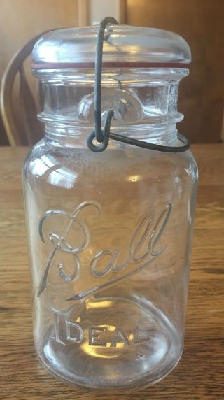 Vtg 1910 1923 Ball Ideal Clear Quart Mason Jar W/ Wire Bail & Lid & Seal (234)