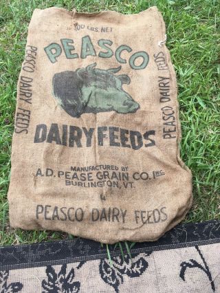 Vintage Feed Sack Bag Burlap Peasco Dairy Burlington Vy Farm Bag 100