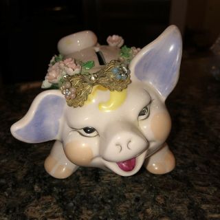 LEFTON Vintage Hand Painted Bejeweled PIG Piggy Bank w/Fragile Porcelain Flowers 2
